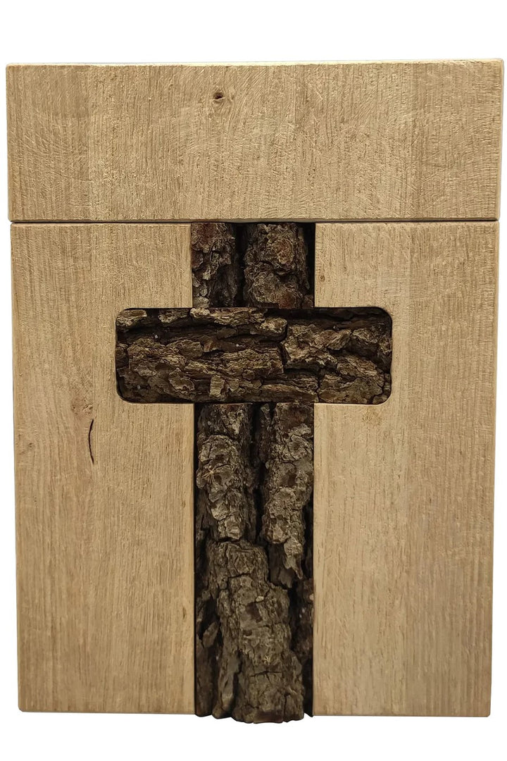 Holzurne, viereckig, Eiche, Kreuz aus Baumrinde