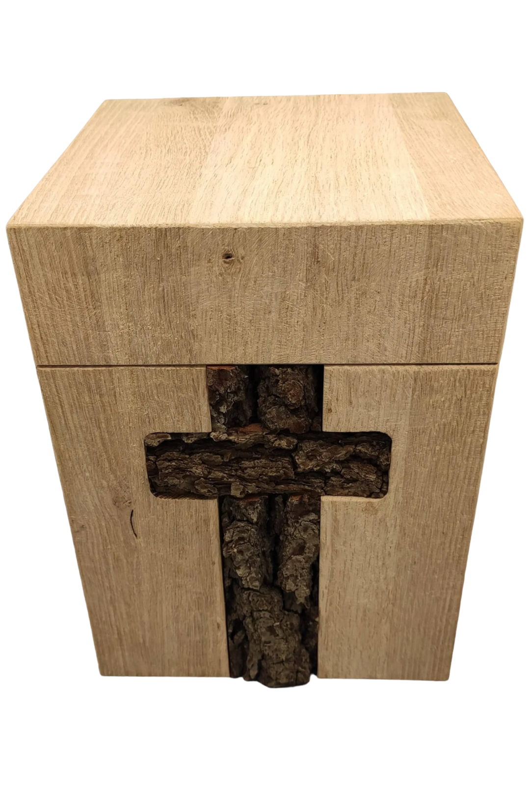 Holzurne, viereckig, Eiche, Kreuz aus Baumrinde